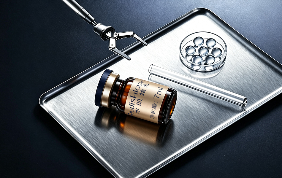 宏洛图设计水肌拾光 7ml 重组胶原赋活液医研器械场景商业摄影,医用西林瓶搭配不锈钢托盘、手术钳实验室视觉,采用琥珀硼硅玻璃瓶、UV 烫金标签工艺