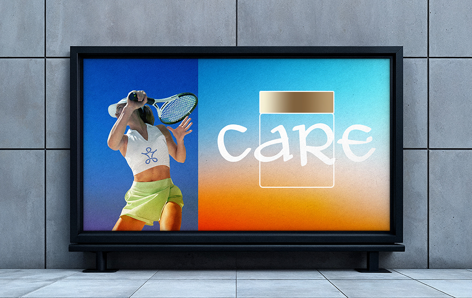 宏洛图设计 CARE 户外大屏品牌广告,分栏拼接画面结合渐变底色印刷,运动人像搭配产品罐线框图形,户外灯箱喷绘工艺强化运动健康品牌传播
