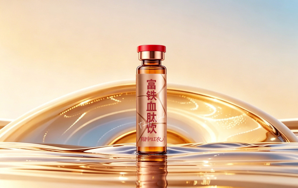 宏洛图口服液轻奢水景商业精修设计,暖调渐变鎏金水面形成层层波纹镜面倒影,瓶身直立居中视觉稳定大气,流动水光呼应血液循环产品概念,柔和渐变光影凸显玻璃瓶与烫金瓶贴细腻质感,画面高级治愈,适合品牌主 KV、电商首页头部海报
