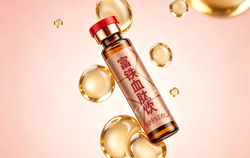 宏洛图女性向气血口服液创意静物视觉设计,浅柔粉色背景烘托女性受众审美,口服液斜置悬浮构图,环绕通透鎏金营养气泡,瓶身复刻血液分割几何纹样,气泡元素直观传递小分子肽好吸收产品理念,柔和低饱和色调温柔高级,适合电商详情主视觉、小红书种草海报
