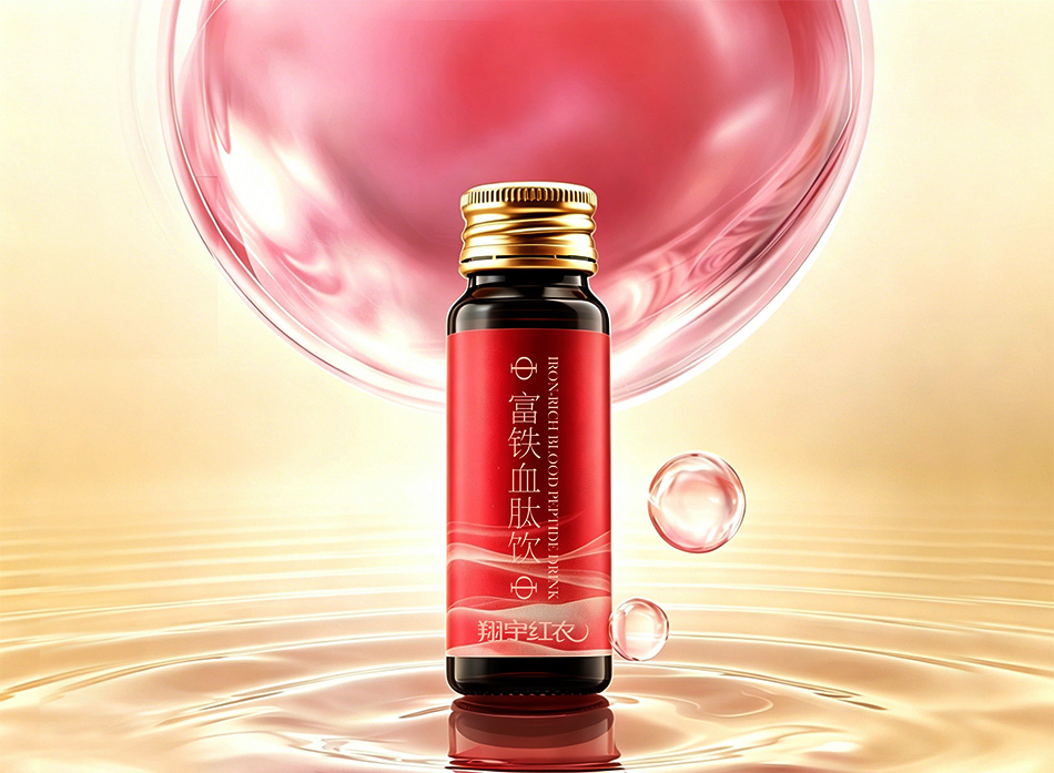 宏洛图轻奢美妆滋补风创意视觉设计,翔宇红衣富铁血肽饮单支水景成片,暖金柔雾流体气泡为背景,镜面水波纹营造通透水润质感,红瓶与浅金背景柔和撞色,传递小分子肽易吸收、温润补血的产品核心卖点