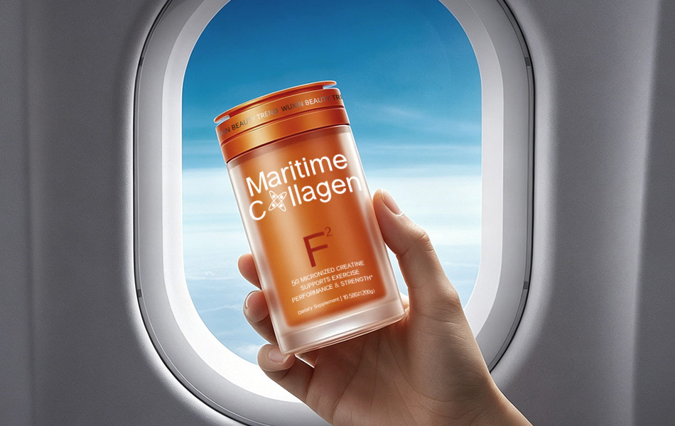 宏洛图Maritime Collagen F²活力款胶原蛋白包装出行场景创意设计,暖橙金属顶盖罐体传递活力能量定位,飞机舷窗旅拍场景凸显便携随身属性,适配都市人群日常内服补充的消费场景
