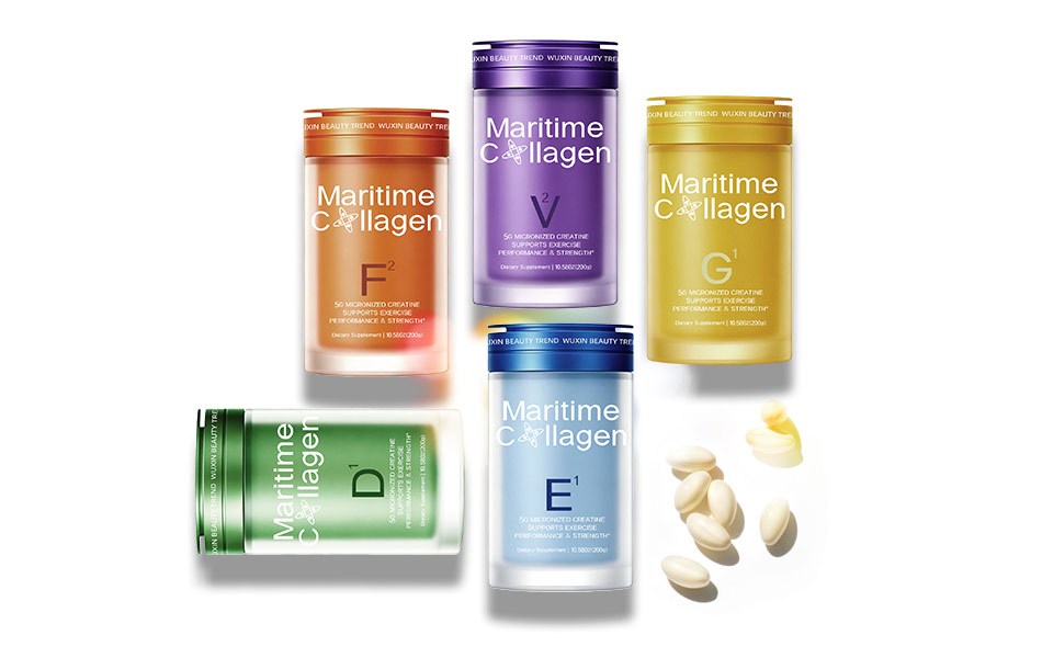 宏洛图Maritime Collagen胶原蛋白全系列包装创意设计,六色渐变磨砂罐身区分功效产品线,统一品牌LOGO视觉系统,通透罐身搭配金属旋盖打造轻奢保健品视觉矩阵,清晰区分DEFGV五大功效款
