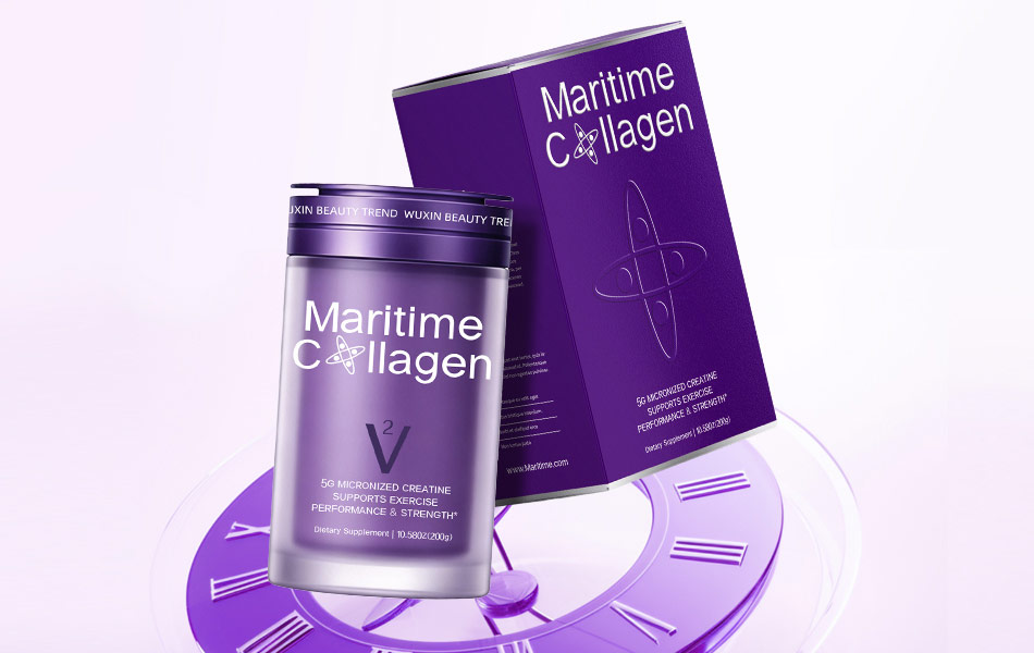 宏洛图Maritime Collagen V²抗衰线胶原蛋白包装创意设计,紫调渐变罐体契合抗老护肤功效,配套同色压纹礼盒强化高端抗衰保健品质感,时钟透明道具隐喻延缓肌肤老化的产品核心卖点