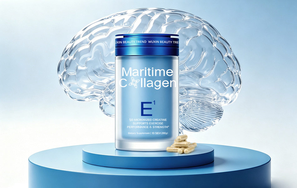 宏洛图Maritime Collagen E¹脑养护胶原蛋白包装场景创意设计,透明水晶大脑艺术装置搭配浅蓝罐体,同色系阶梯展台强化脑部健康功效表达,胶囊实物直观展现膳食补充剂产品形态