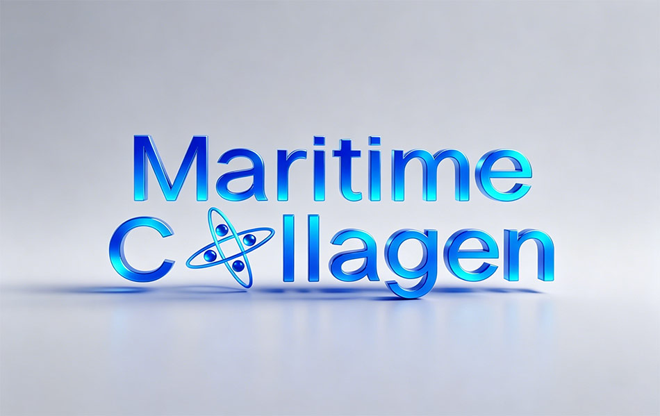 宏洛图Maritime Collagen海洋胶原蛋白品牌LOGO立体视觉设计,原子分子符号替换字母i,蓝调金属3D质感传递深海科研、生物活性的产品内核,极简现代字体构建高端膳食补充剂品牌视觉基底