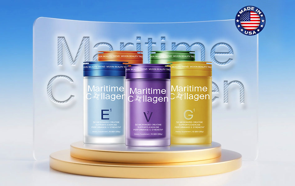 宏洛图Maritime Collagen全系列胶原蛋白线下展台包装视觉设计,分层金色展台陈列三色主力单品,背景浮雕品牌LOGO+美国原产标识,蓝清透背景打造进口高端膳食补充剂商业宣传画面