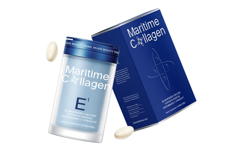 宏洛图Maritime Collagen E¹脑护款胶原蛋白包装礼盒一体化创意设计,浅蓝磨砂罐体匹配脑部养护功效定位,同色系精装纸盒延续分子符号视觉符号,通透胶囊道具烘托膳食补充剂天然温和属性