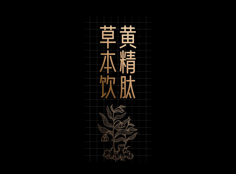 宏洛图产品字体图形设计,竖排烫金字配黄精线稿,网格规范草本饮品视觉标识