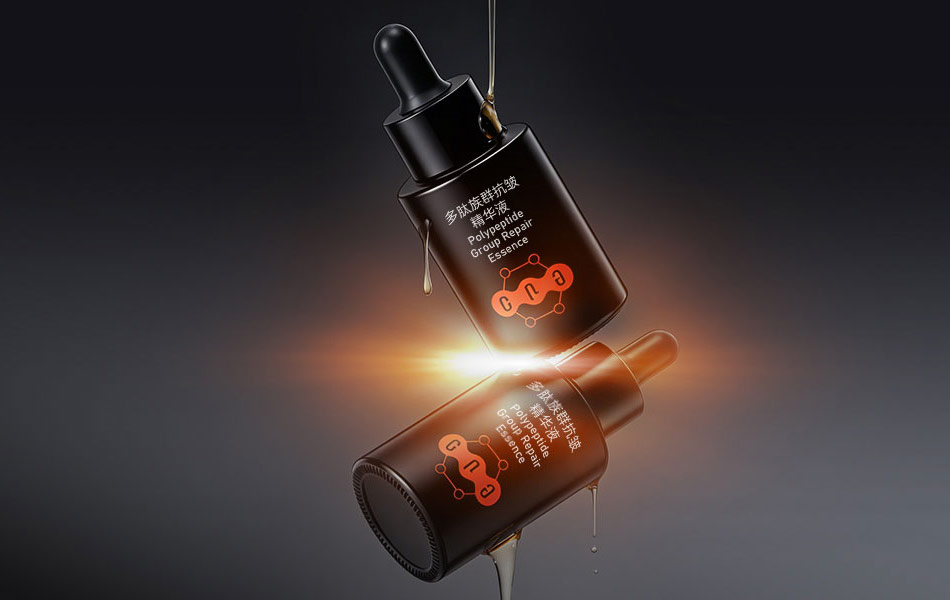 宏洛图滴管精华包装视觉设计，黑金瓶身丝印-CPG-标识，规范印制产品信息