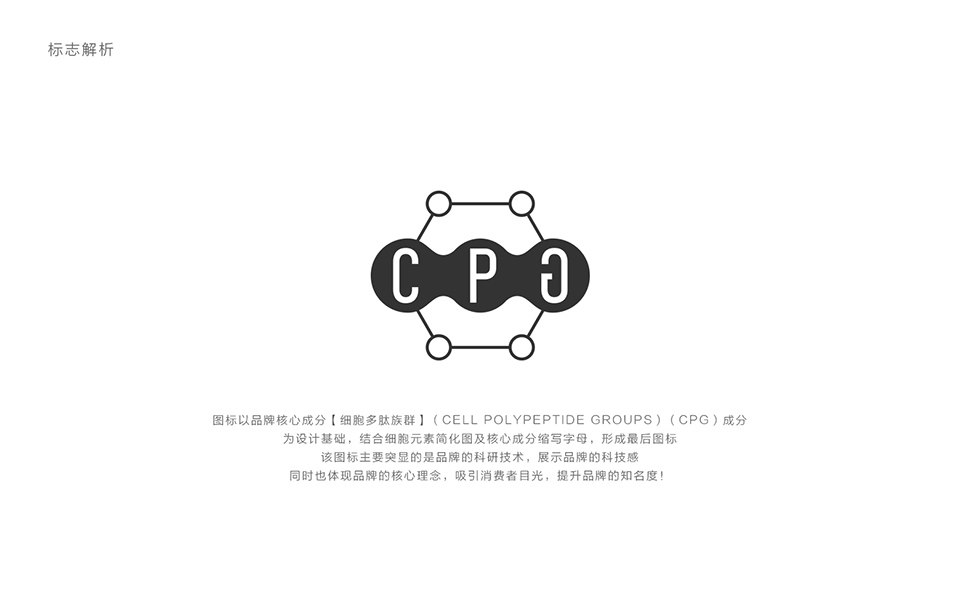宏洛图 CPG 标识解析版式设计，六边形分子造型，凸显多肽科研核心