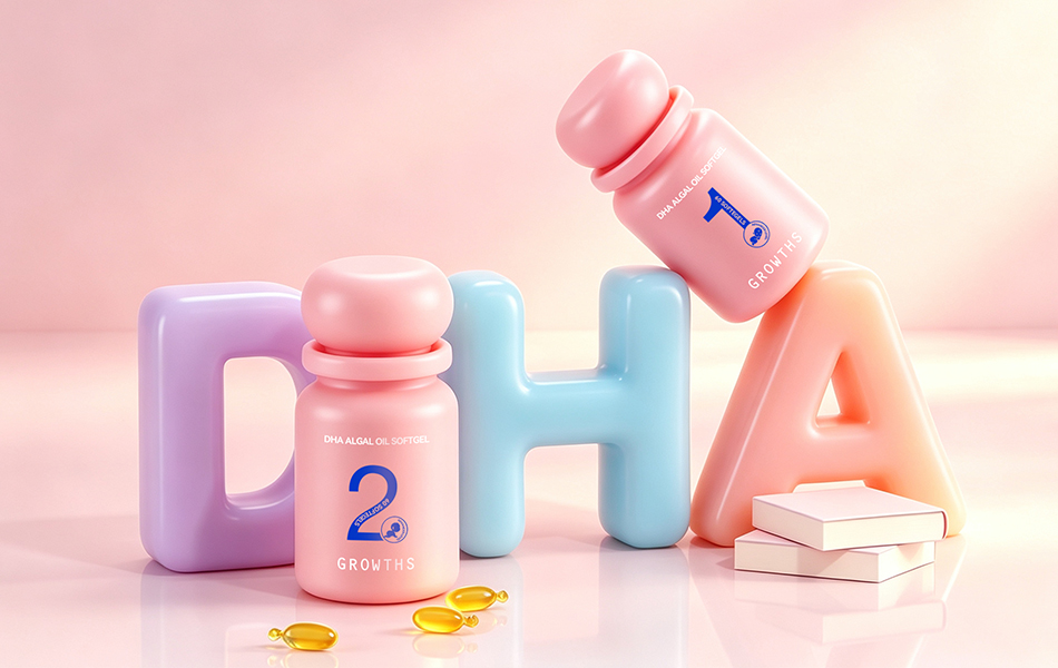 宏洛图 DHA 藻油软胶囊包装创意设计，柔润瓶型，马卡龙配色 3D 视觉呈现