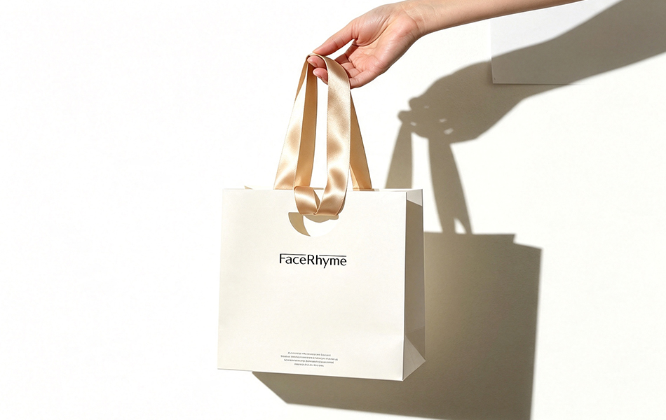 宏洛图作品｜FaceRhyme 手提纸袋，米白卡纸印刷品牌标识，绸缎手提带礼品包装工艺