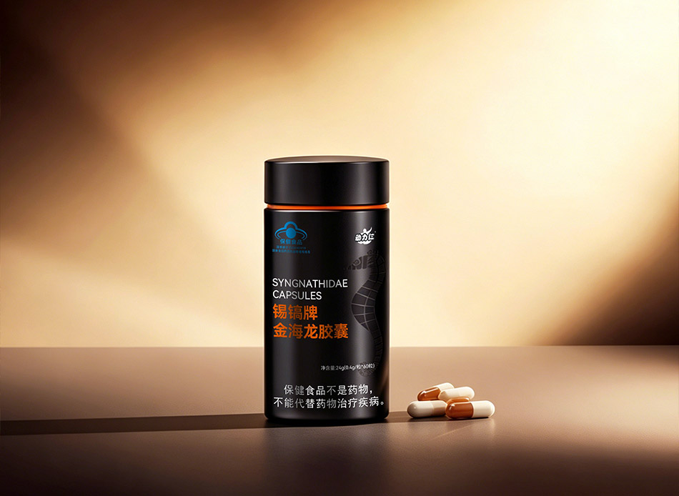 宏洛图|锡镐牌金海龙胶囊瓶身实拍,黑瓶烫印工艺,轻奢质感保健品包装创意设计