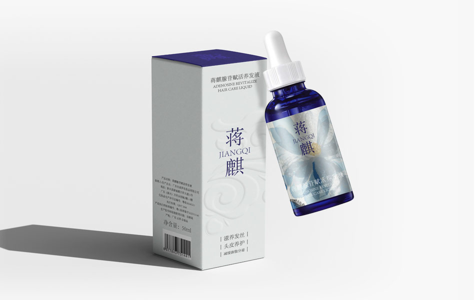 宏洛图设计蒋麒养发精华，蓝滴管玻璃瓶，压纹纸盒简约国风包装