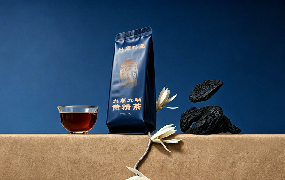 宏洛图|黄精茶产品商业摄影,铝箔小泡袋,展示茶饮原料与冲泡质感