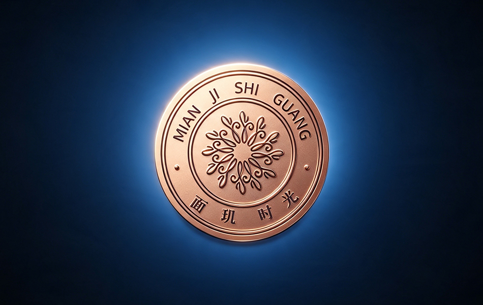 宏洛图|面玑时光品牌铜质徽章 logo,浮雕压印工艺金属质感设计
