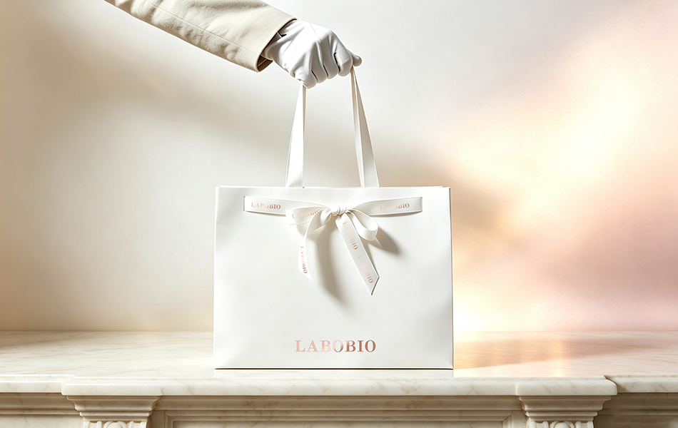 宏洛图|LABOBIO 手提礼袋,特种白卡,缎带蝴蝶结烫金打造礼品包装