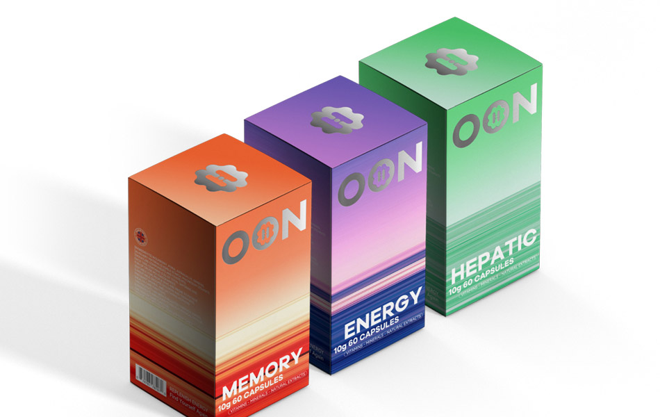 宏洛图|OON 保健品包装盒设计,盒面渐变烫印工艺,系列化包装视觉方案