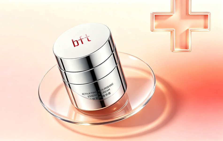 宏洛图 bft 精华霜包装设计，金属质感罐体，医用护肤视觉，精致设计