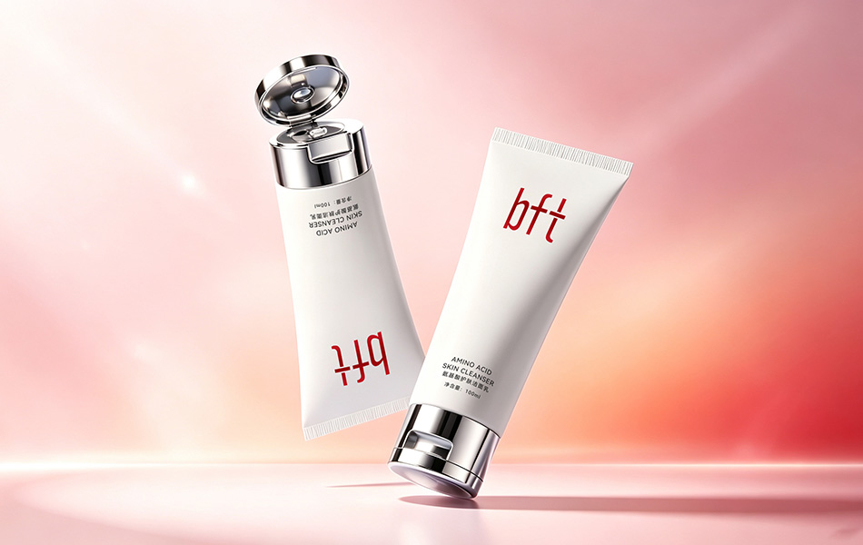 宏洛图｜bft 洁面乳双管展示，翻盖软管工艺，粉调渐变背景产品创意