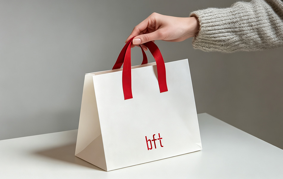 宏洛图 bft 手提袋包装，白卡纸配红织带提手，极简护肤品牌礼品袋设计