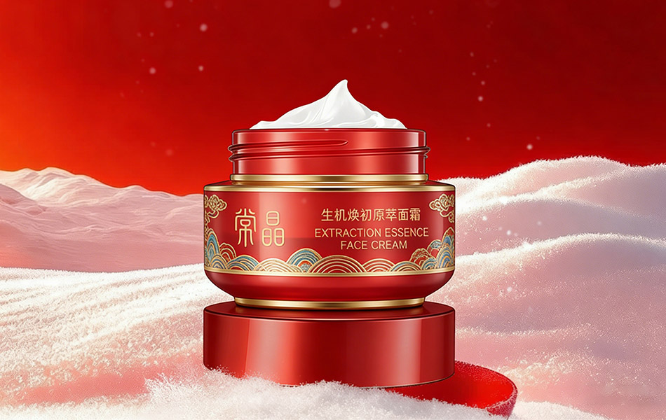 宏洛图|国风原萃面霜包装,红金浮雕水纹,膏体展示,新中式护肤创意设计