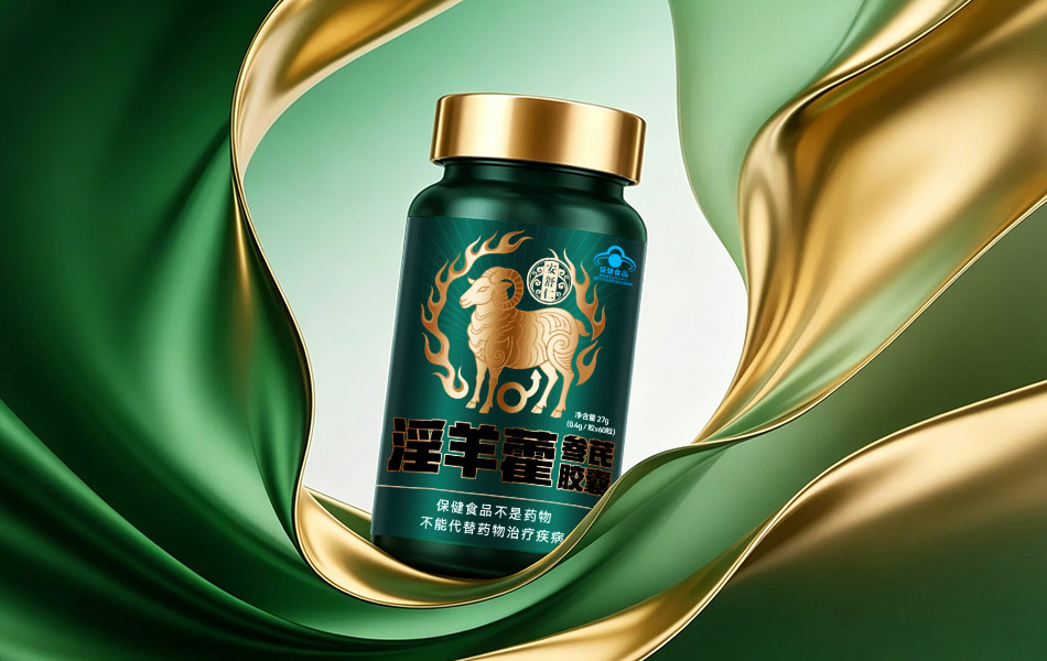宏洛图|淫羊藿参芪胶囊包装设计,金绿绸缎背景,烫金浮雕纹样凸显国风质感