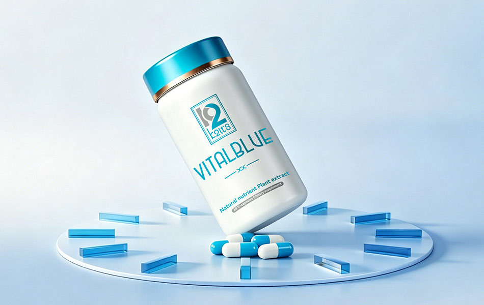 宏洛图|VITALBLUE胶囊产品,时钟概念,哑光瓶身金属盖工艺