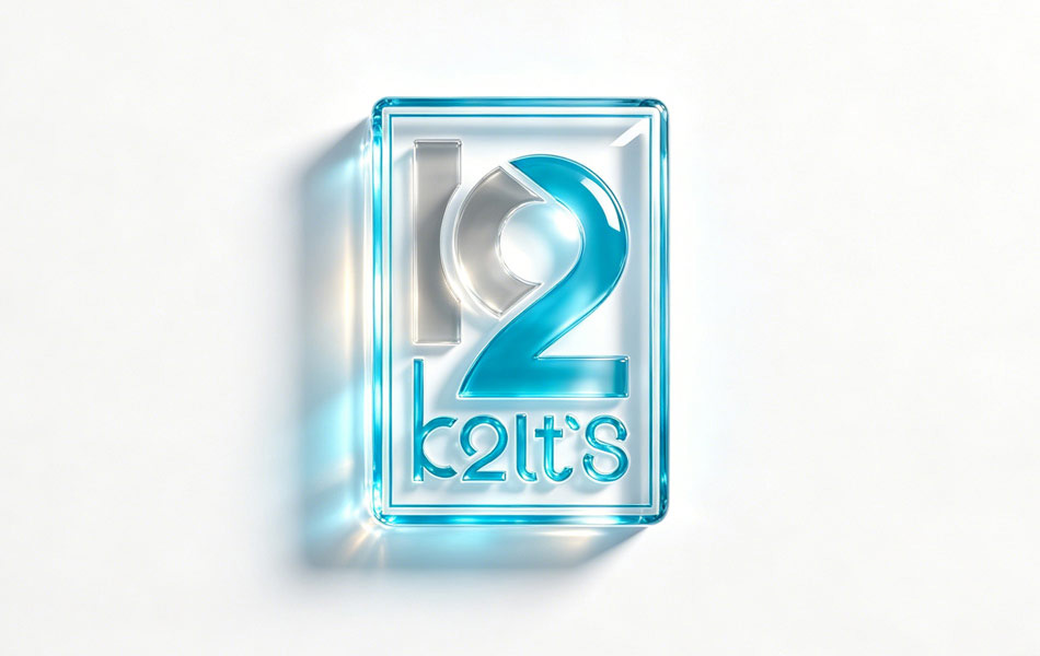 宏洛图K2lt's品牌logo设计,透明水晶质感,玻璃浮雕工艺视觉创意