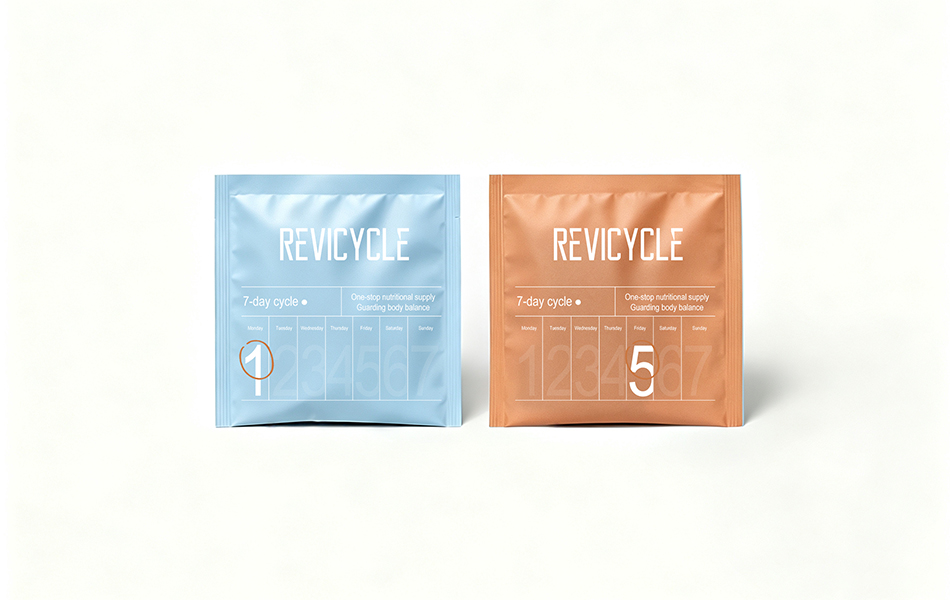 宏洛图作品|REVICYCLE 两款铝箔小袋,哑光铝膜,7 天循环可视化包装设计