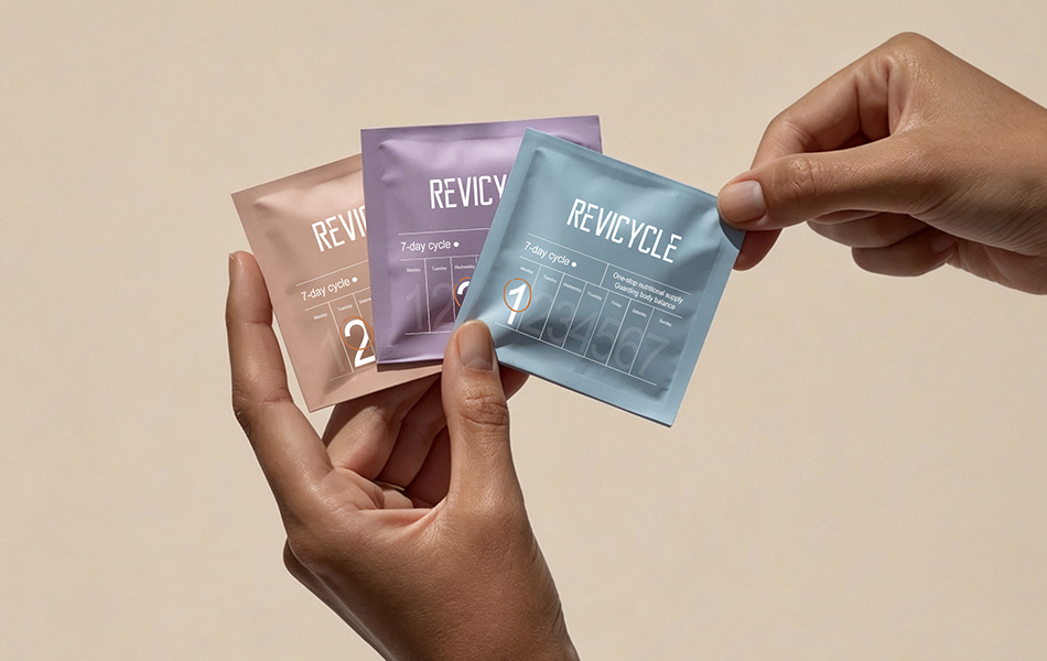 宏洛图作品|REVICYCLE 营养独立铝箔袋,马卡龙配色,分天周期包装设计