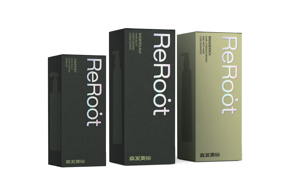 宏洛图 ReRoot 洗护单品彩盒,特种哑光纸,全息镭射工艺呈现品牌字体