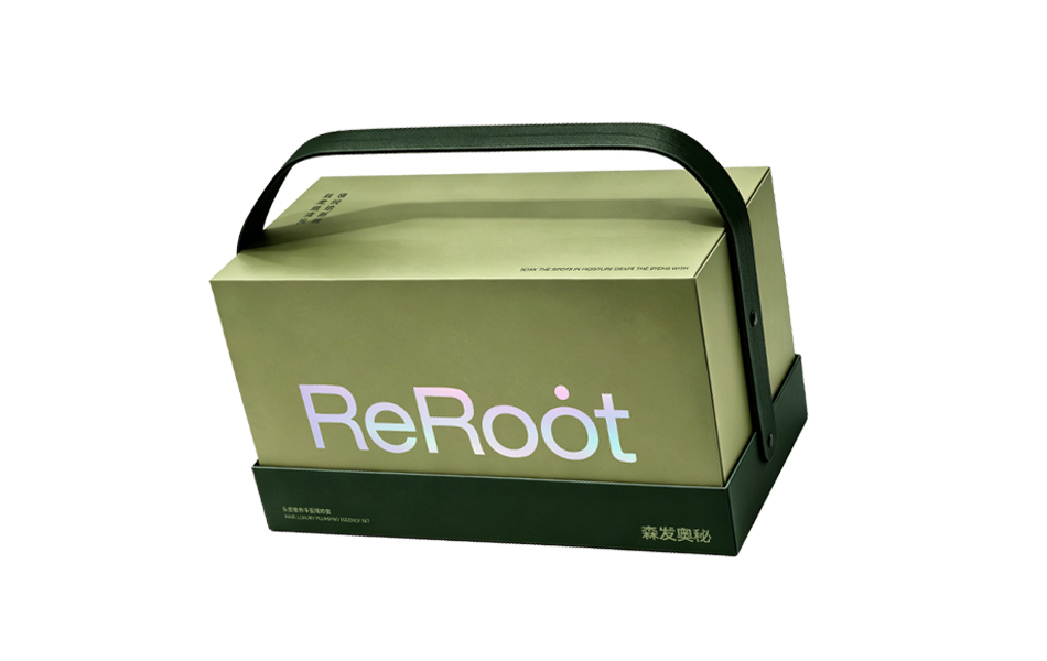 宏洛图 ReRoot 洗护手提礼盒,皮质提手,浅绿特种纸搭配炫彩镭射字